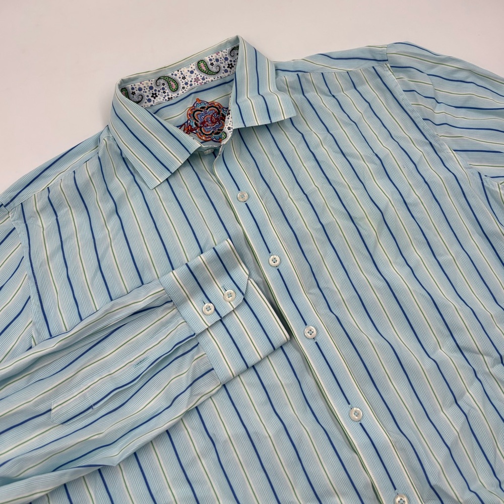 Robert Graham Men's XL Classic Fit Blue Striped Flip Cuff Button Dress Shirt